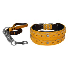 Markapet Elegance Deri İşlemeli Lüks Köpek Tasma Seti XL 7 cm*60-68 cm Sarı